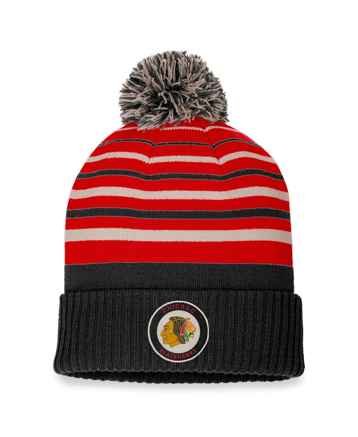 Fanatics Men's  Black, Red Chicago Blackhawks True Classic Retro Cuffed Knit Hat With Pom In Black,red