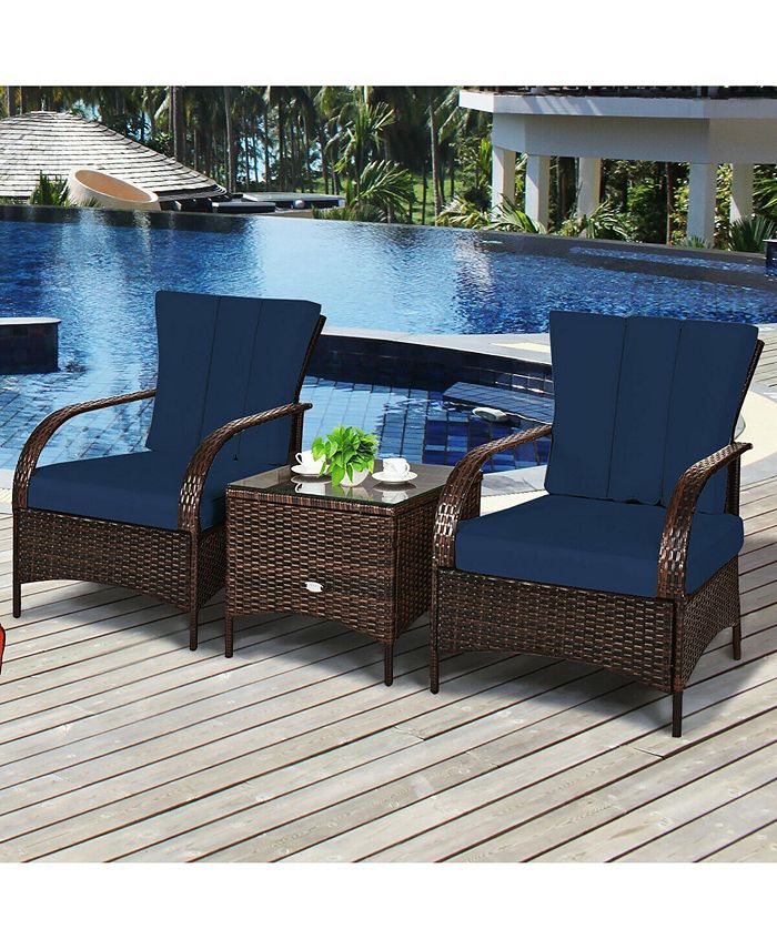 Costway 3 PCS Patio Rattan Furniture Set Coffee Table & 2 Rattan Chair