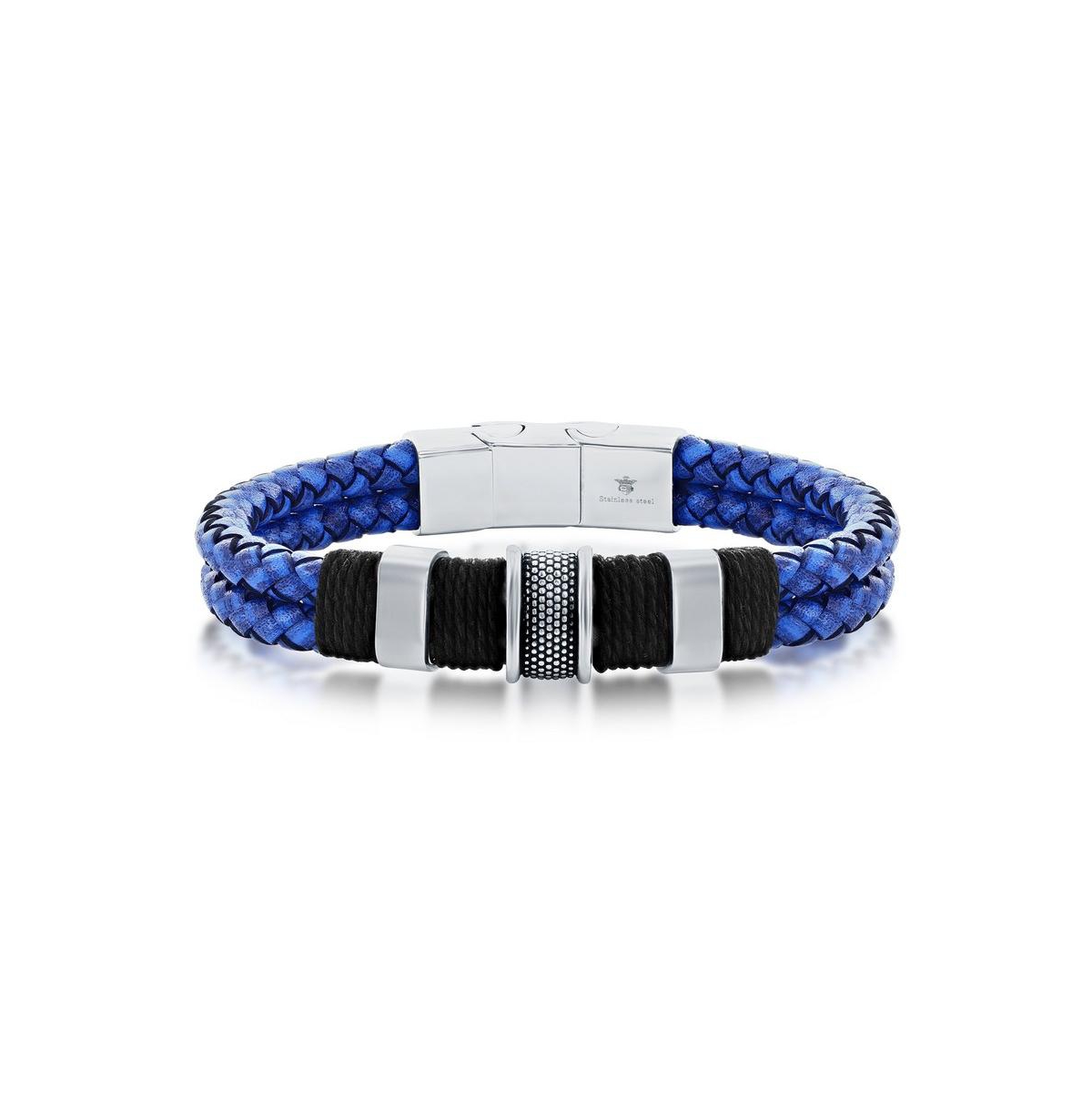 BLACKJACK MENS STAINLESS STEEL DOUBLE STRAND GENUINE LEATHER BRACELET - BLUE