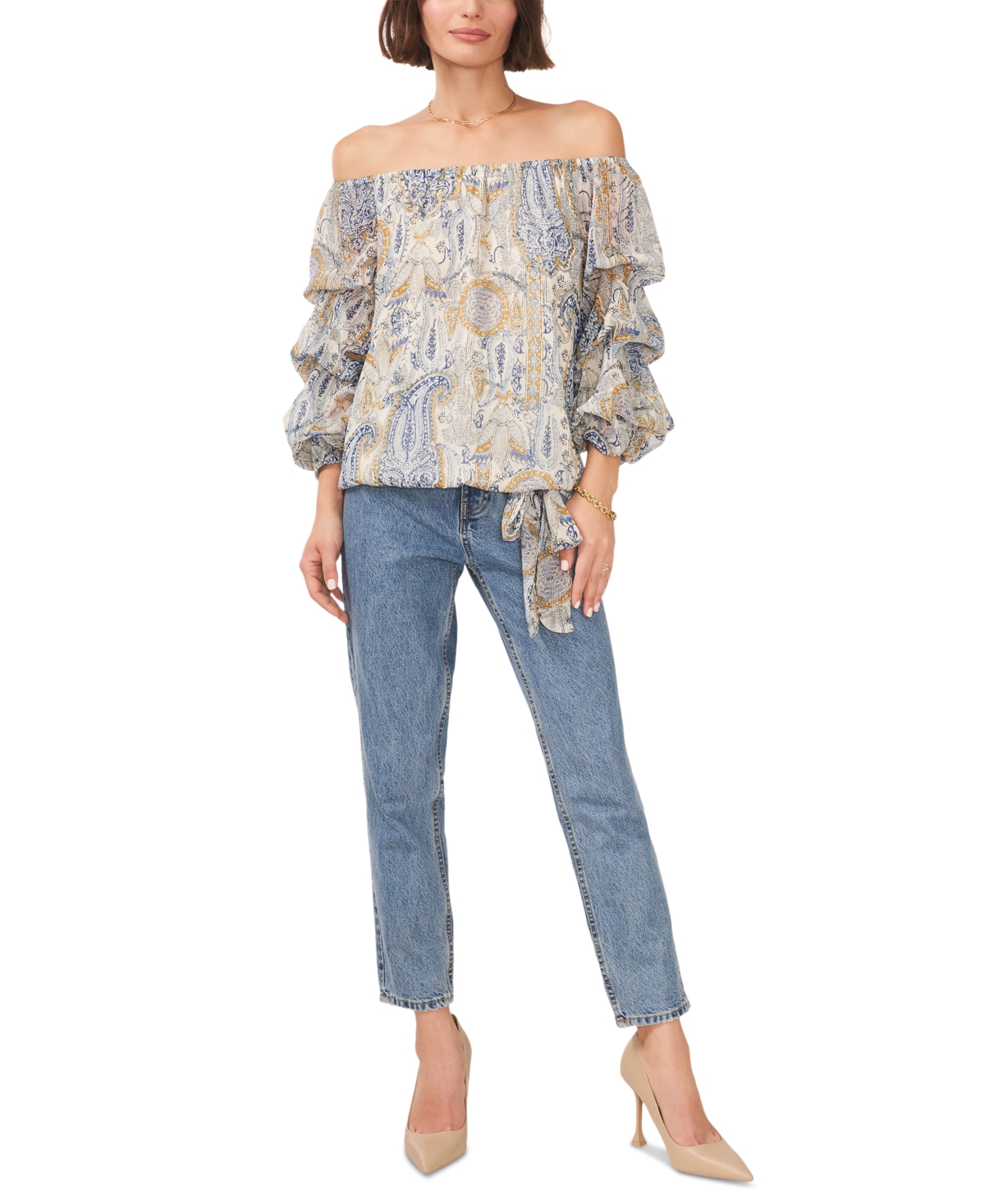 Vince Camuto Women's Paisley Off The Shoulder Bubble Sleeve Tie Front Blouse