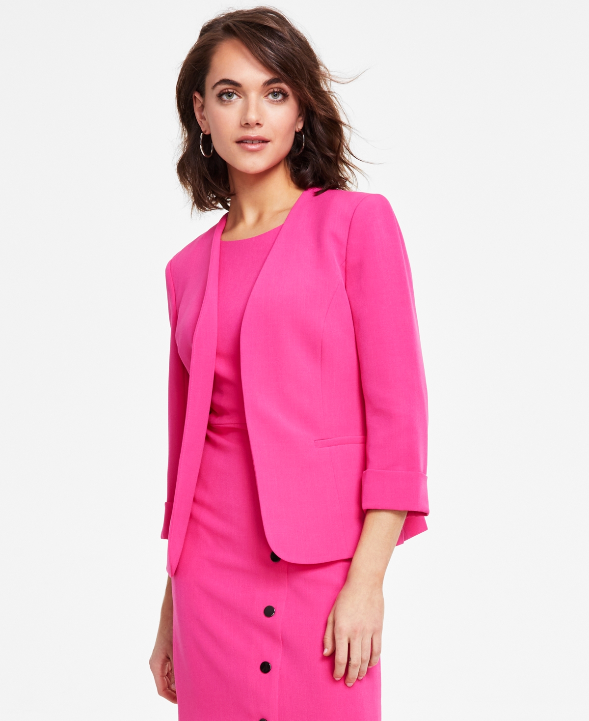 Kasper Women's Stretch Crepe Open-front Roll-sleeve Jacket In Pink Perfection