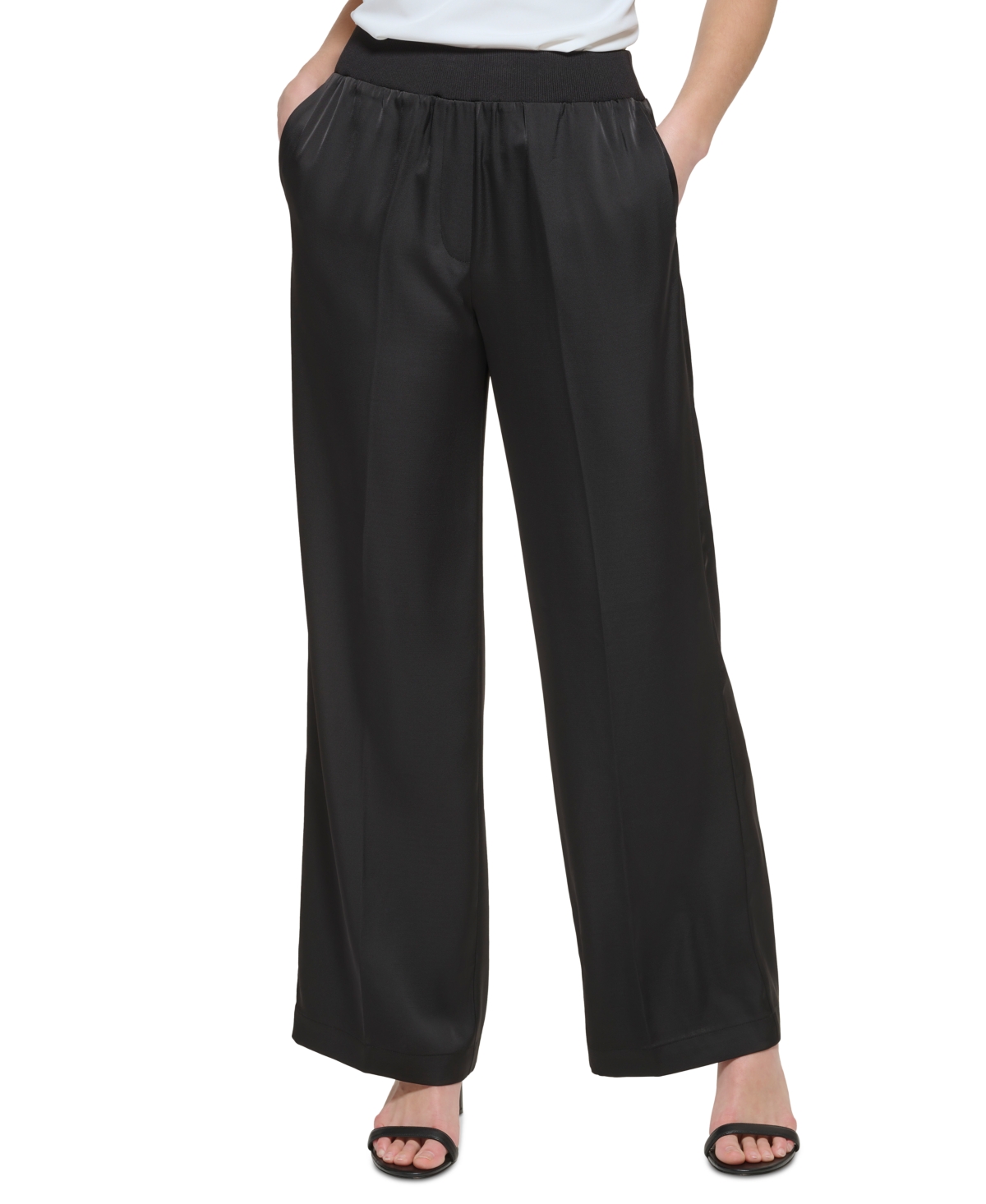 Calvin Klein Women's Pull On Wide Leg Satin Pants In Black ModeSens