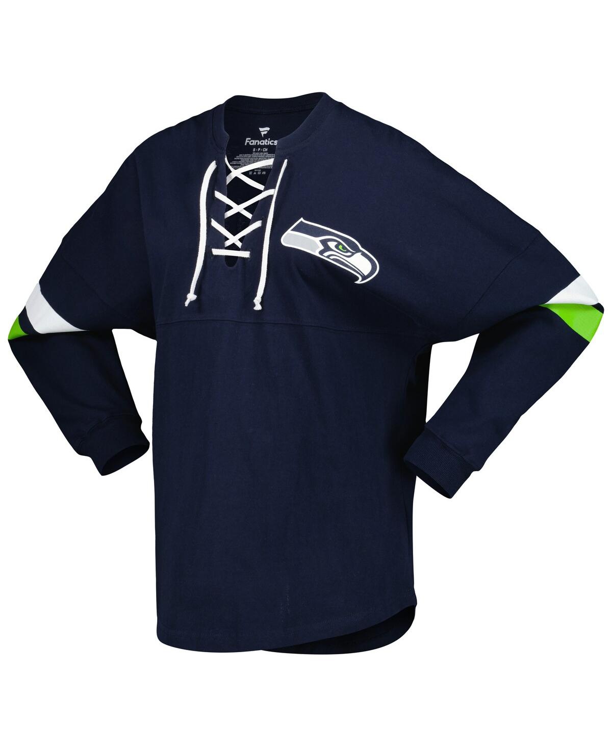 Shop Fanatics Women's  College Navy Seattle Seahawks Spirit Jersey Lace-up V-neck Long Sleeve T-shirt