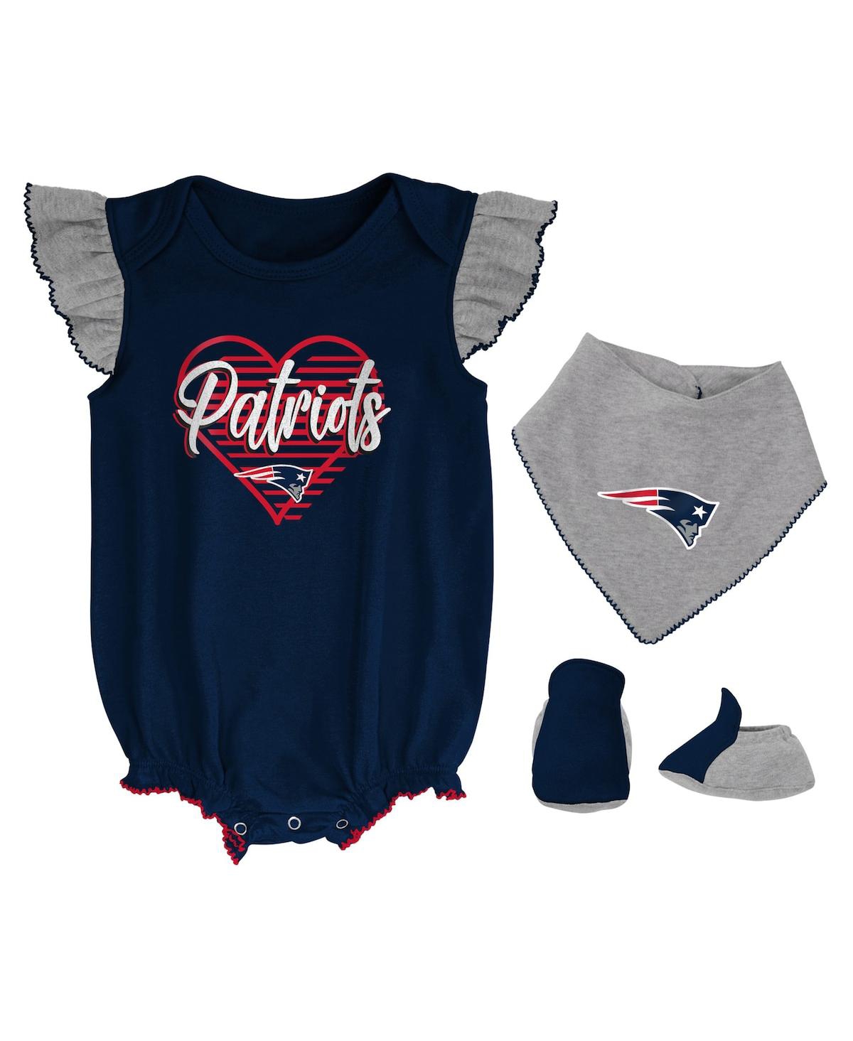 Outerstuff Babies' Girls Newborn And Infant Navy, Heathered Gray New England Patriots All The Love Bodysuit Bib And Boo In Navy,heathered Gray