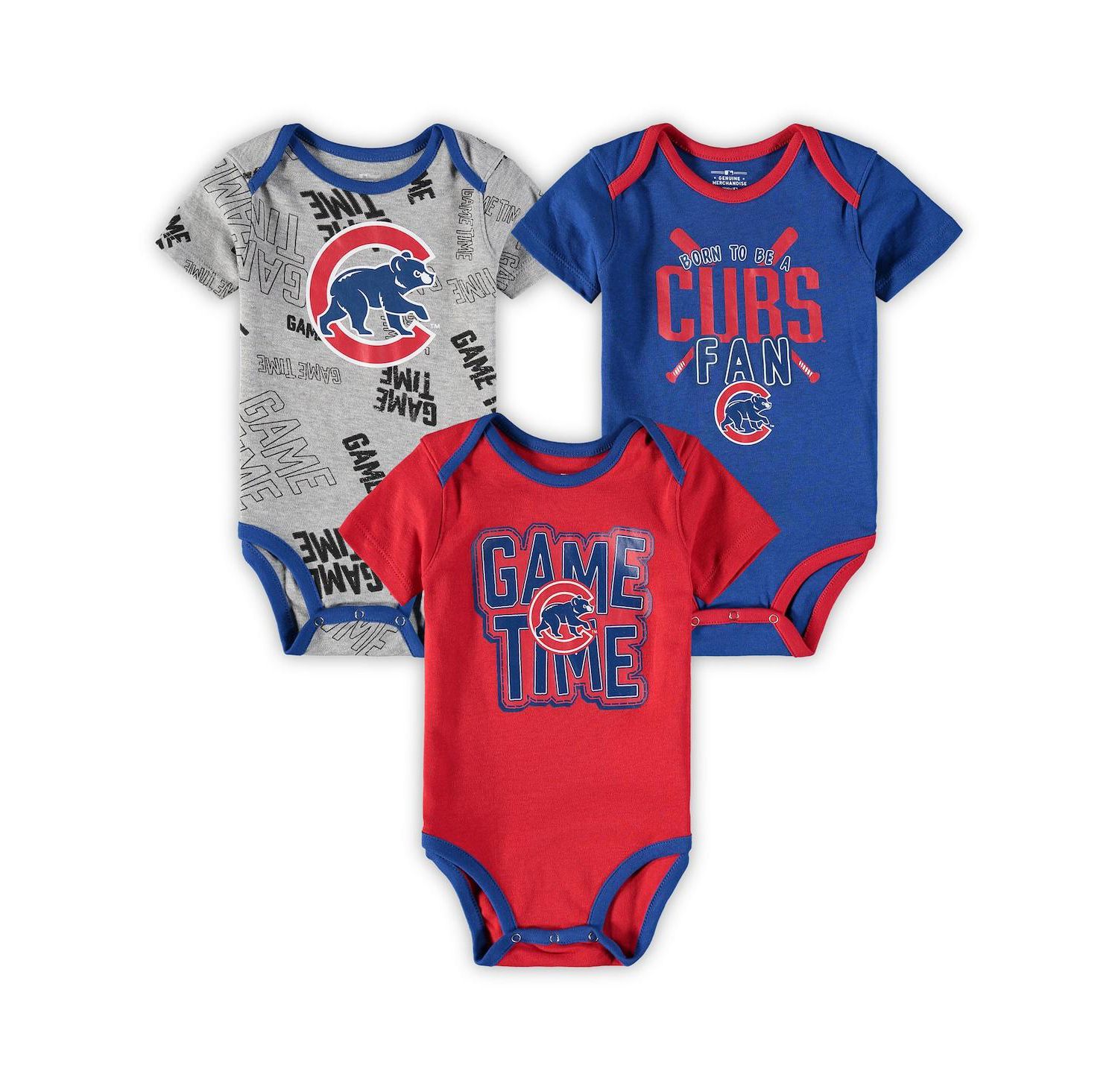 Newborn and Infant Boys and Girls Chicago Cubs Royal, Red, Heathered Gray Game Time Three-Piece Bodysuit Set