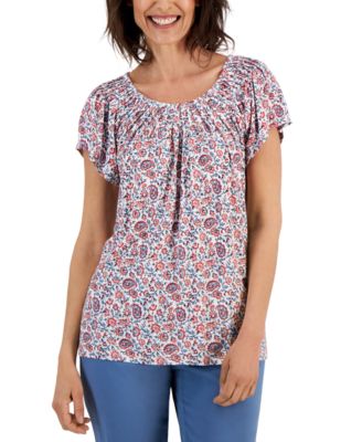 Style & Co - Petite Printed Pleat-Neck Flutter-Sleeve Top