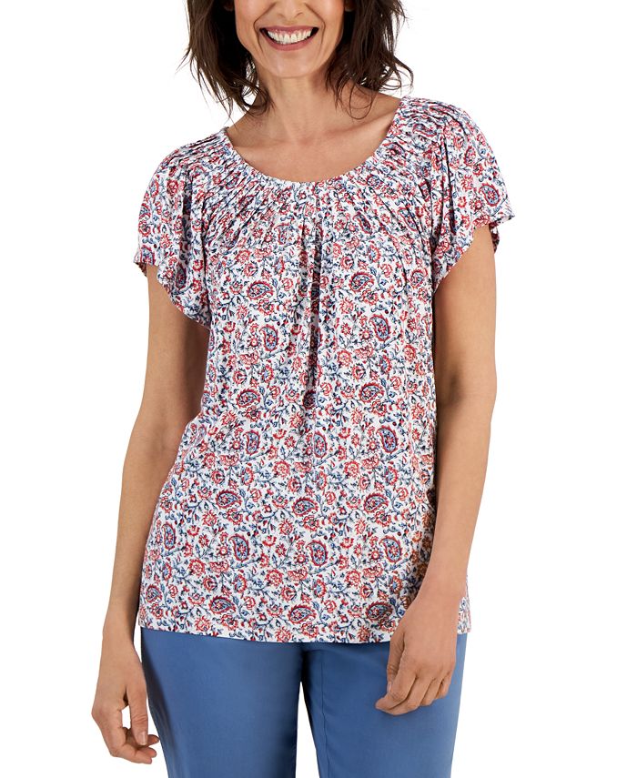Style & Co Women's Printed Pleated-Neck Top, Created for Macy's