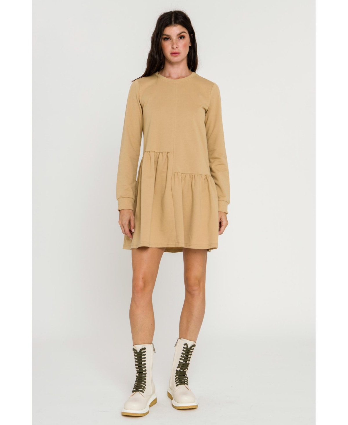 English Factory Unbalanced Seam Long-sleeve Knit Dress In Tan