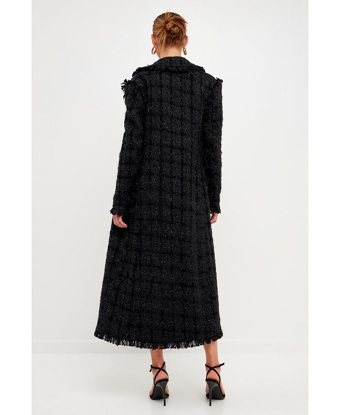 Women's Vintage Long Tweed Coat With Floral Prints M