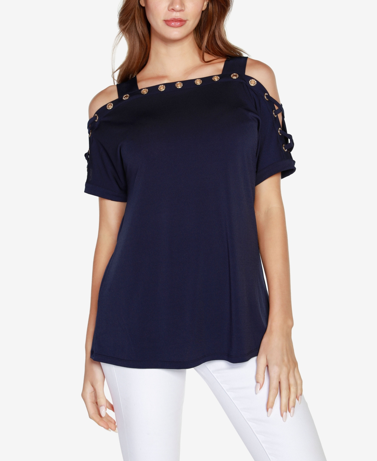 Belldini Plus Size Cold Shoulder Top In Navy