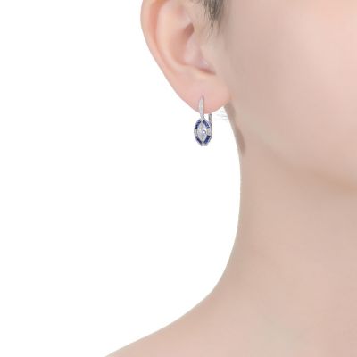 Sterling Silver with White Gold  Plated and Blue Cubic Zirconia Leverback Earrings