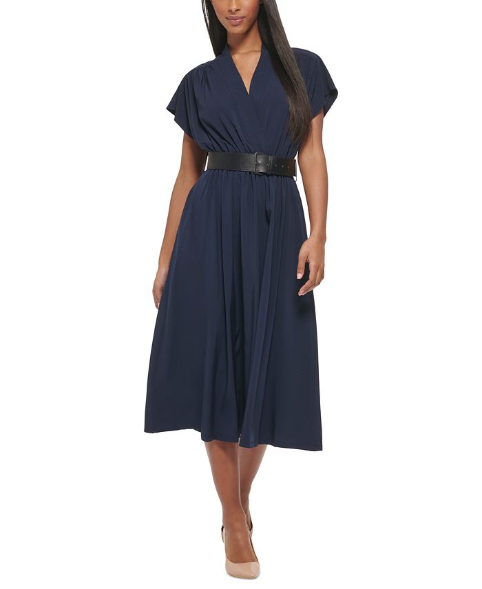 Calvin Klein Women's V-Neck Belted Cap-Sleeve Midi Dress & Reviews - Dresses  - Women - Macy's