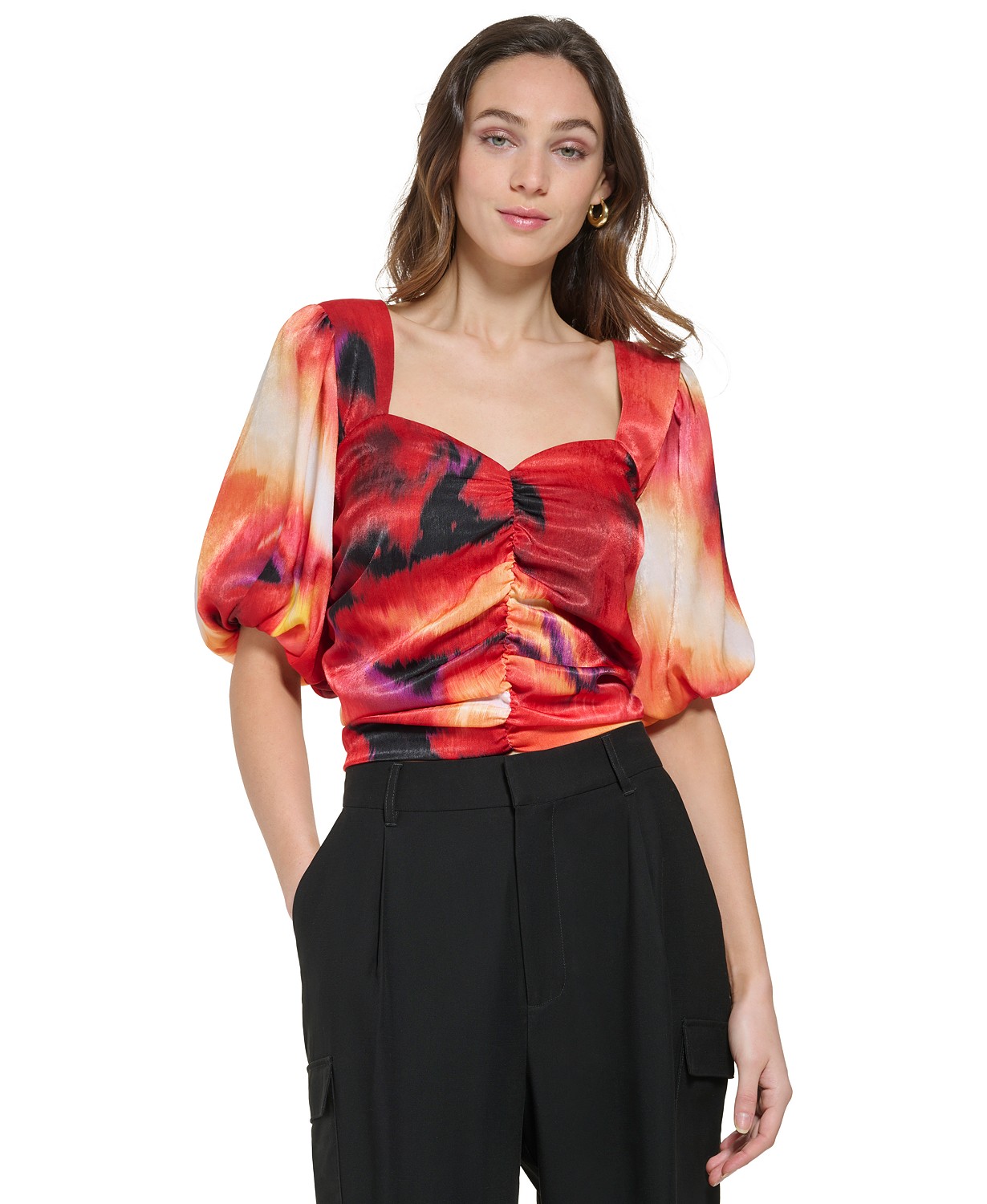 Womens Sweetheart-Neck Puff-Sleeve Blouse