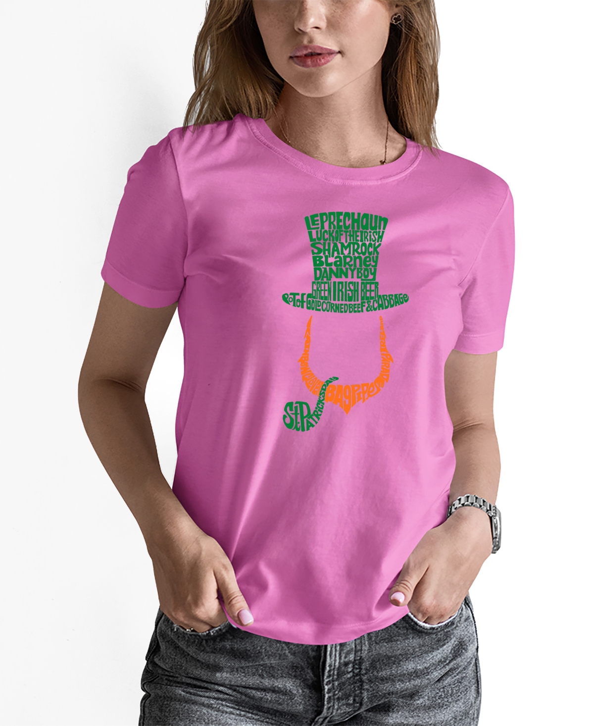 La Pop Art Women's Leprechaun Word Art Crew Neck T-shirt In Pink