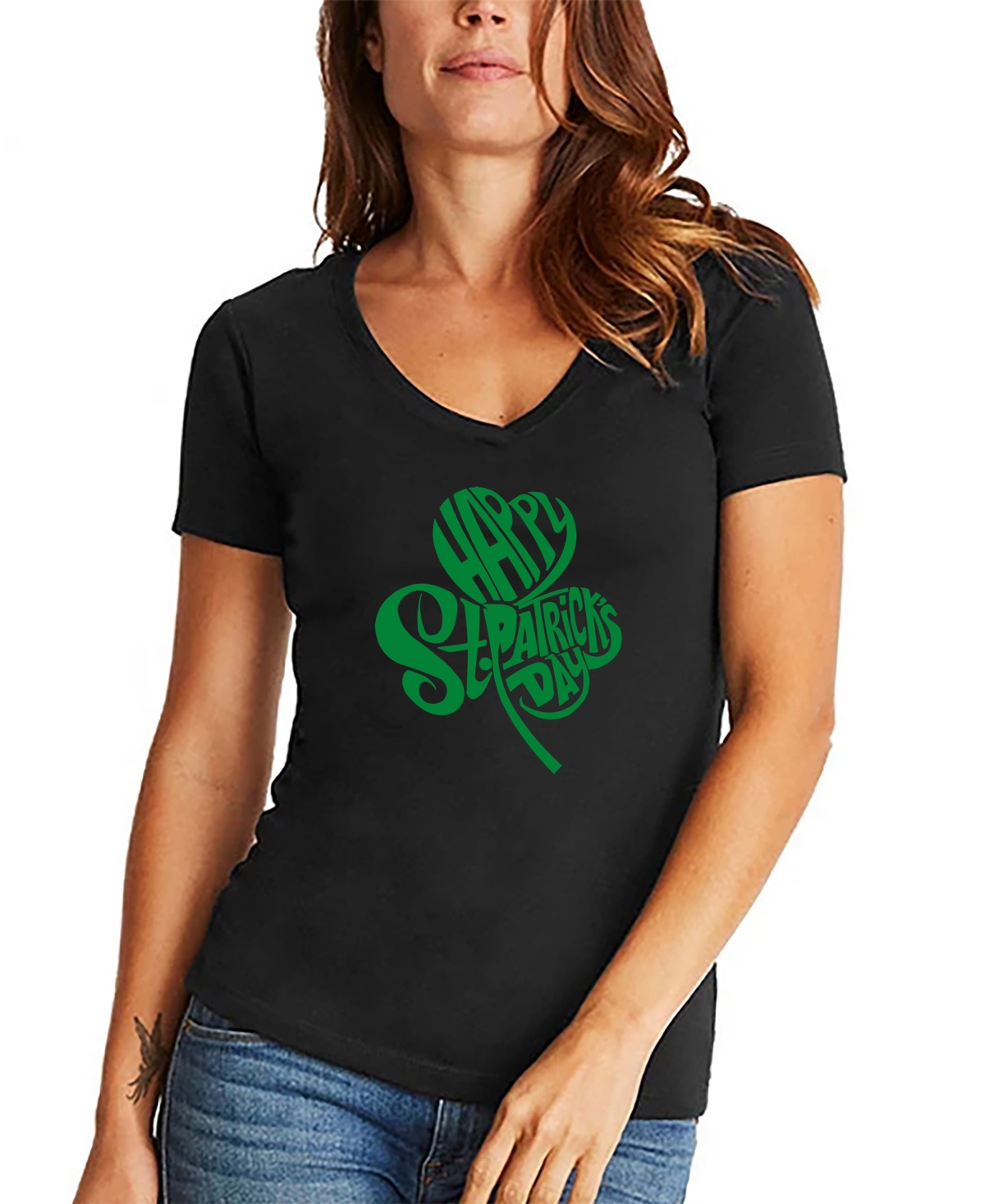 La Pop Art Women's St. Patrick's Day Shamrock Word Art V-neck T-shirt In Black