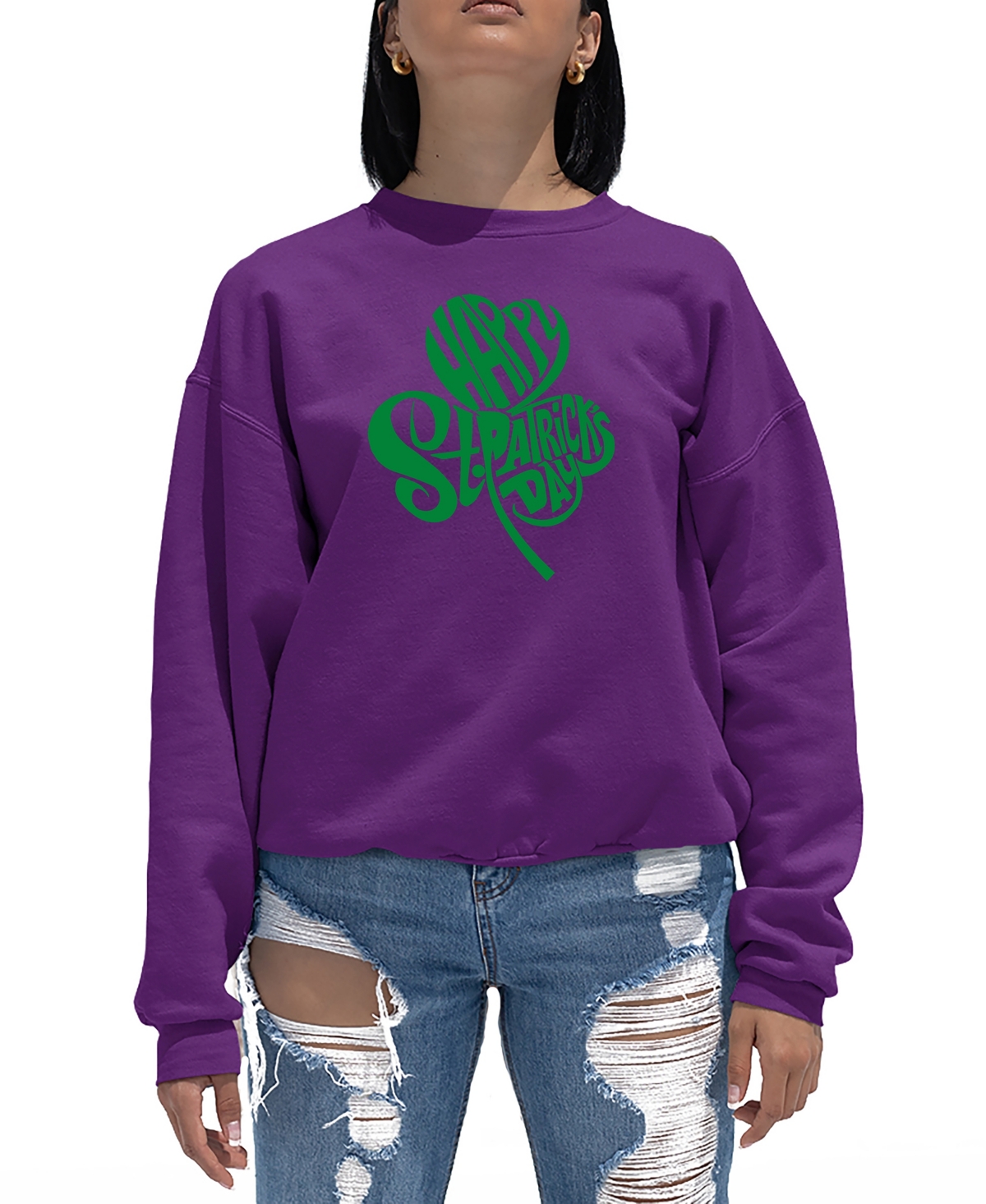 La Pop Art Women's St. Patrick's Day Shamrock Word Art Crewneck Sweatshirt In Purple