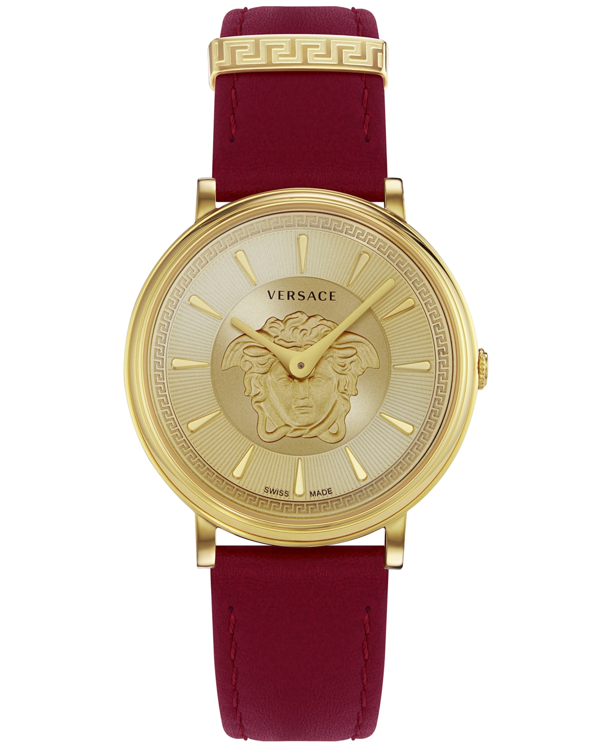 Shop Versace Women's Swiss V-circle Burgundy Leather Strap Watch 38mm In Ip Yellow Gold