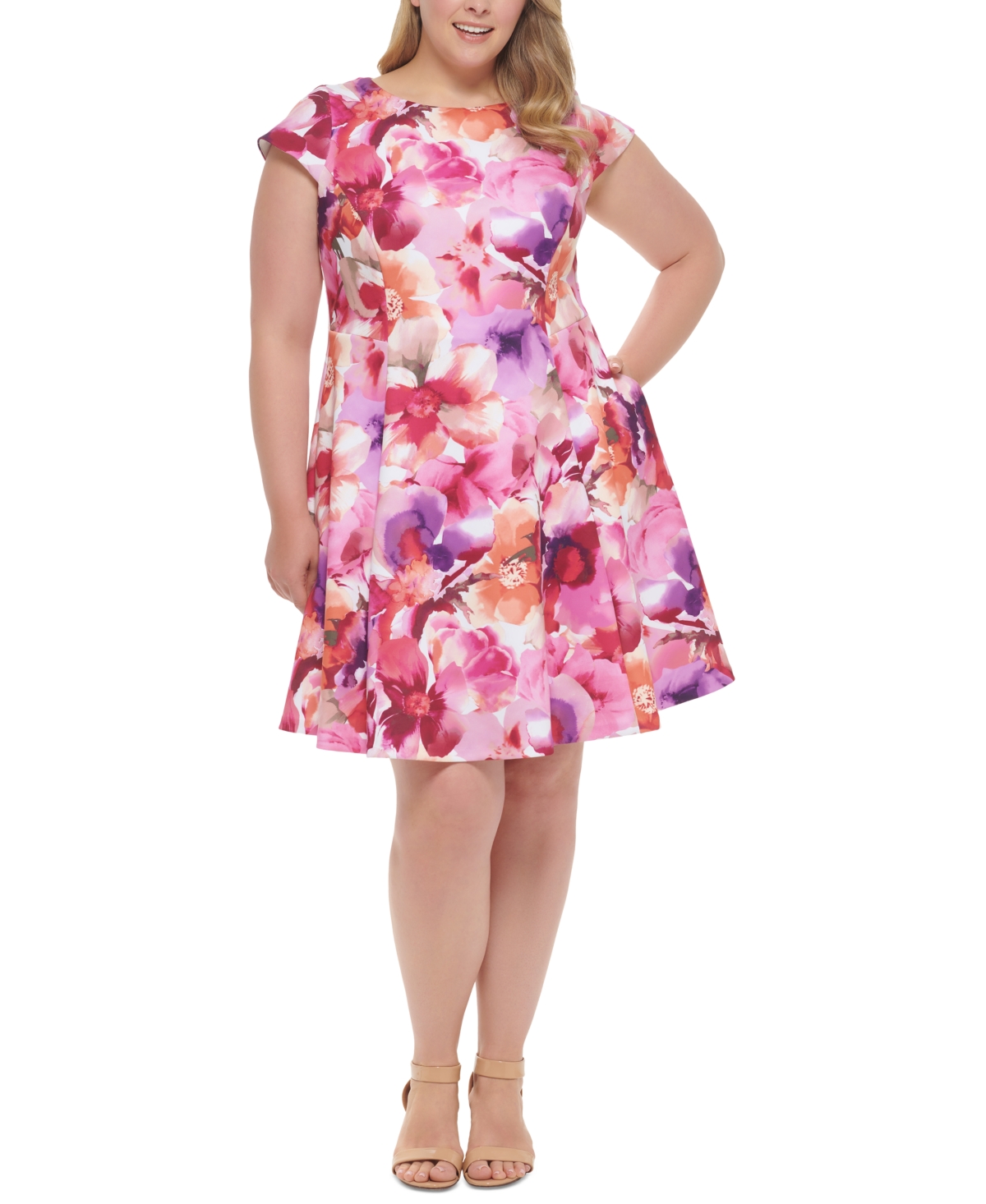 Jessica Howard Plus Size Floral-Print Cap-Sleeve Fit & Flare Dress