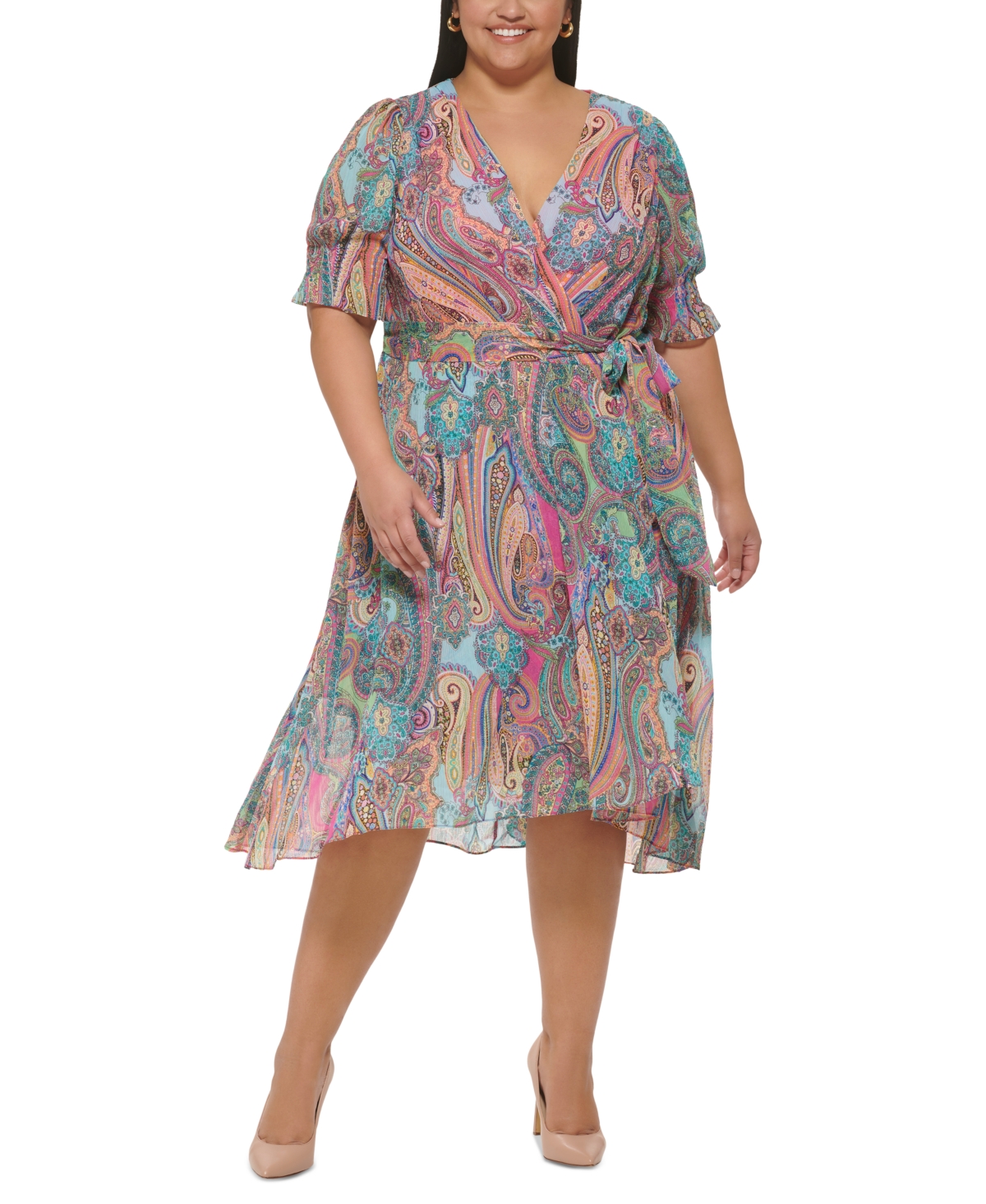 Tommy Hilfiger Plus Size Paisley Elbow-sleeve Dress In Hot Pink Multi