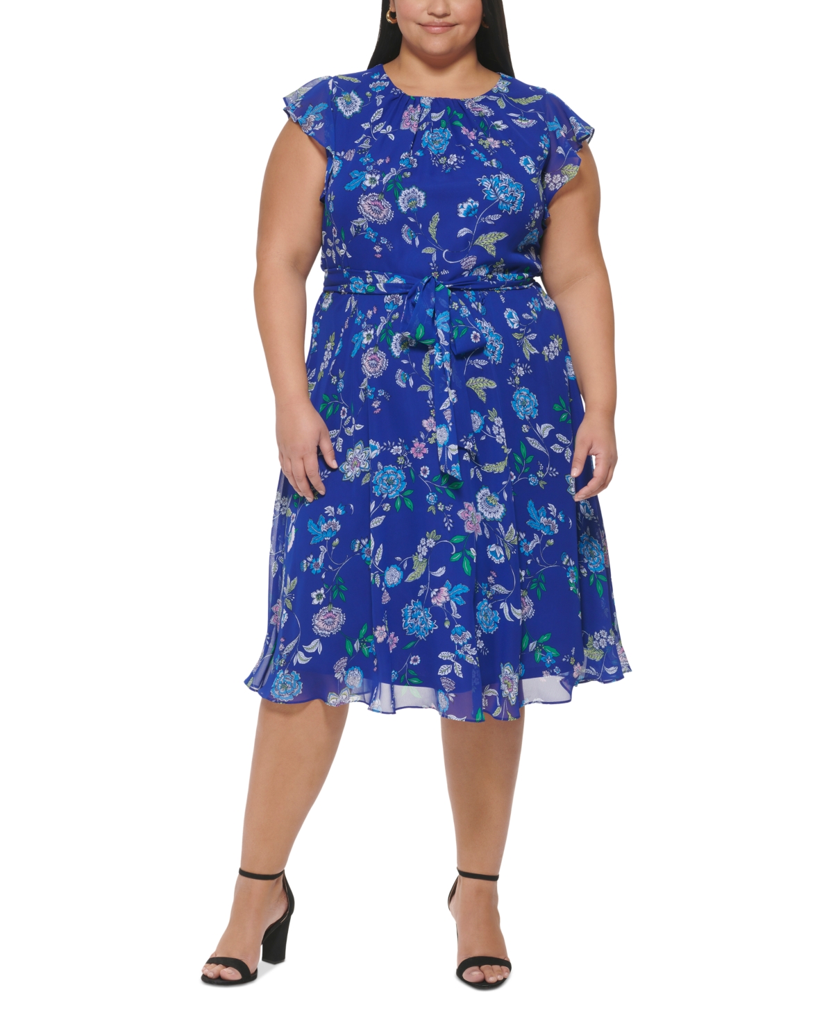 Jessica Howard Plus Size Floral-print Flutter-sleeve Midi Dress In ...