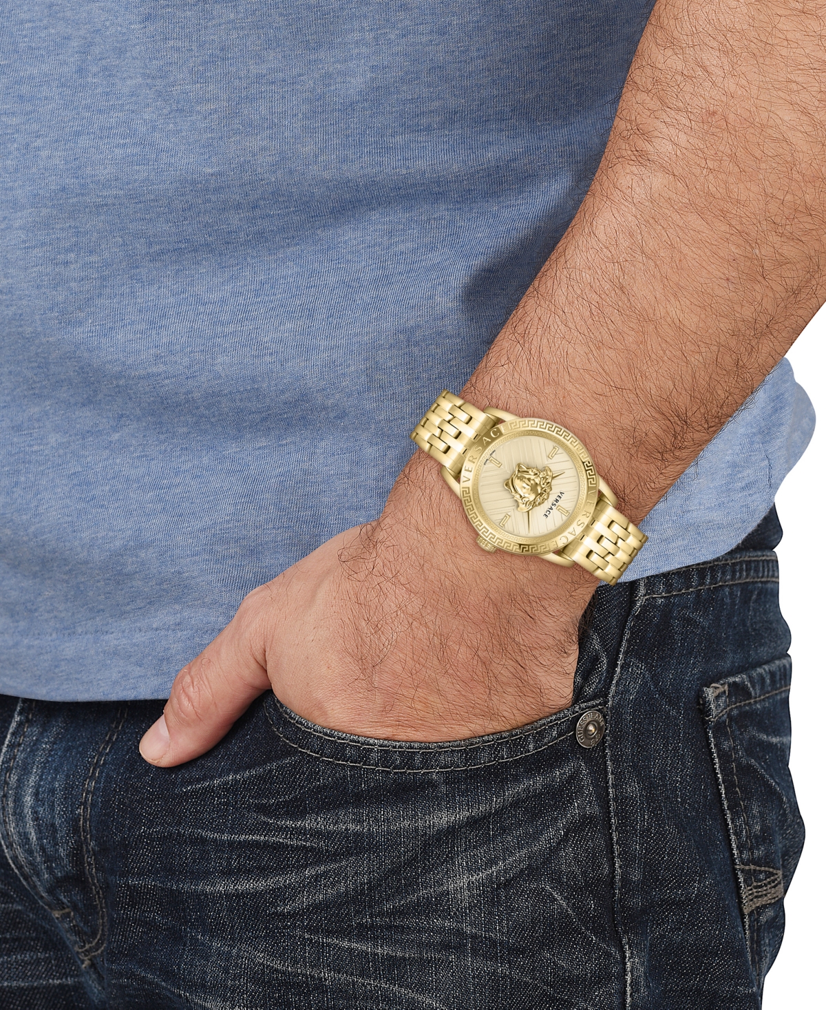 Shop Versace Men's Swiss V-code Gold Ion Plated Bracelet Watch 43mm In Ip Yellow Gold