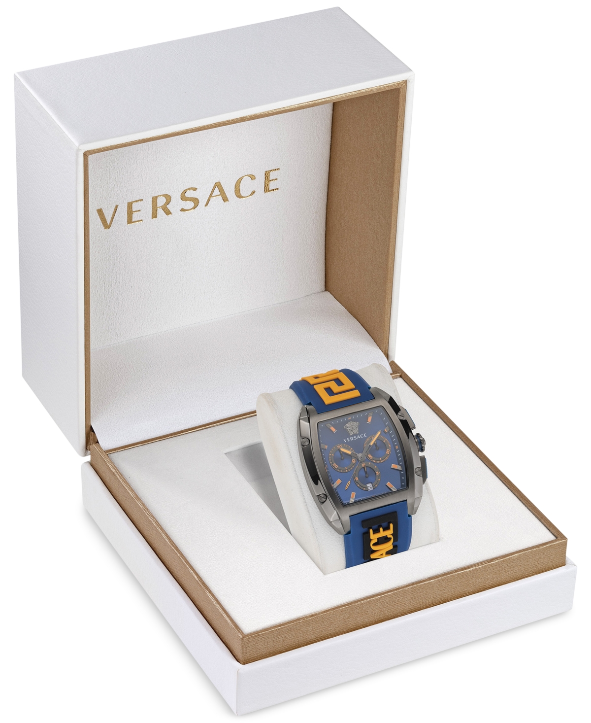 Shop Versace Men's Swiss Chronograph Dominus Blue & Orange Silicone Strap Watch 42x50mm In Ip Gunmetal