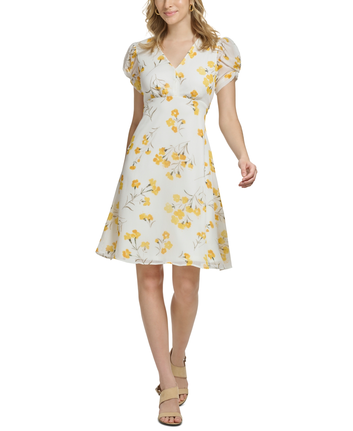 Calvin Klein Women's Floral-print Puff-sleeve A-line Dress In Golden Multi 