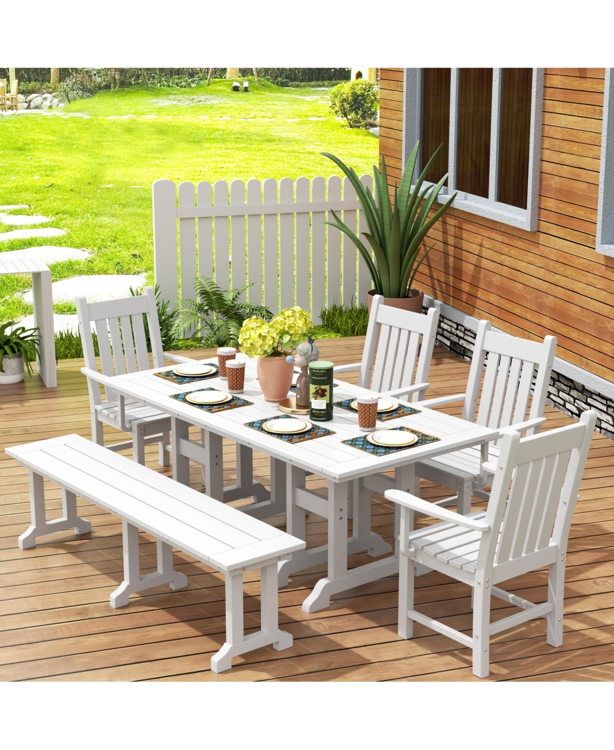 WestinTrends 6 Piece Outdoor Patio Dining Set Table and Bench Armchair