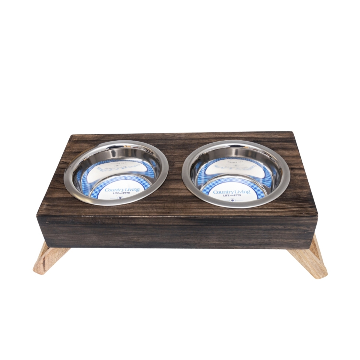 Country Living Classic Elevated Pet Feeder - Solid Mango Wood with Brown Polished Finish, Includes 2 Small (12 oz) Stainless Steel Bowls - Foldable Le