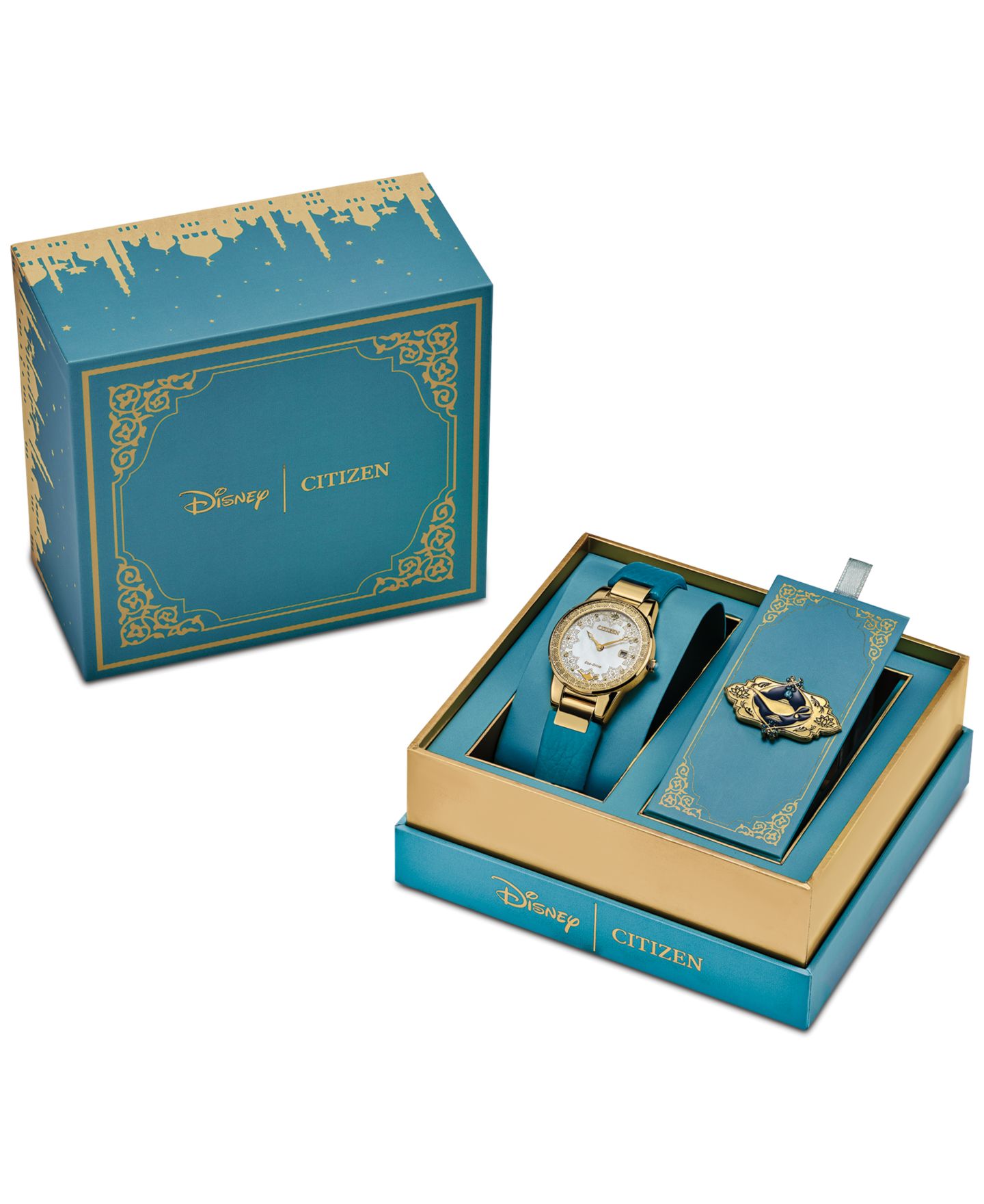 Женские часы Citizen Eco-Drive Disney Aladdin's 30th Anniversary Teal Leather Strap Watch 30mm Gift Set — фото 4