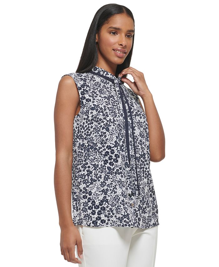 Tommy Hilfiger Women's Sleeveless Tie-Neck Floral Print Top - Macy's