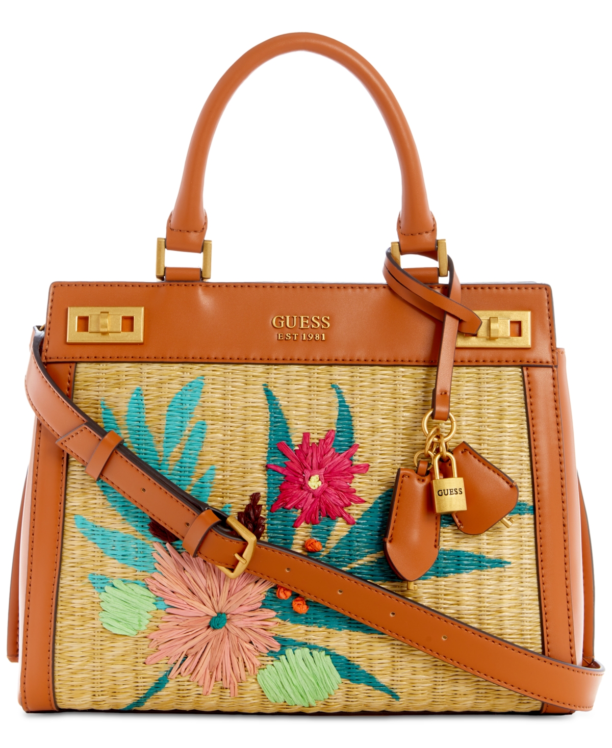 Guess Katey Mini Embroidered Luxury Satchel Crossbody In Natural/cognac