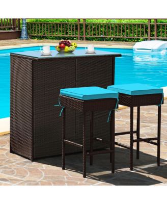3PCS Patio Rattan Wicker Bar Table Stools Dining Set Cushioned Chairs