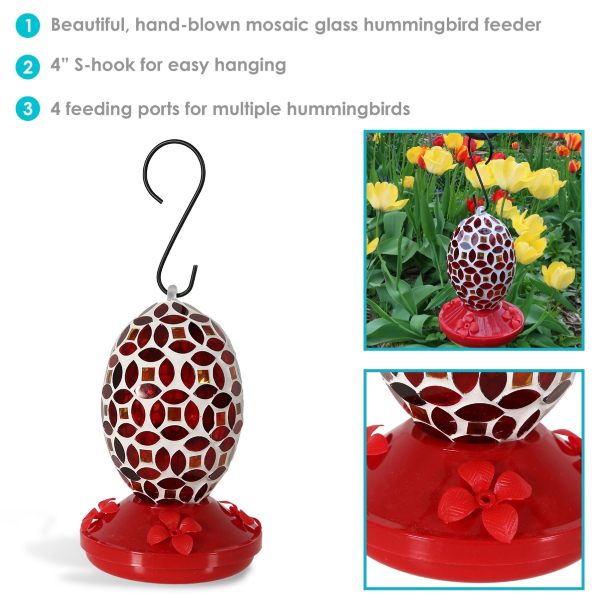 Sunnydaze Decor Glass Oval Mosaic Flower Outdoor Hummingbird Feeder - -- Red