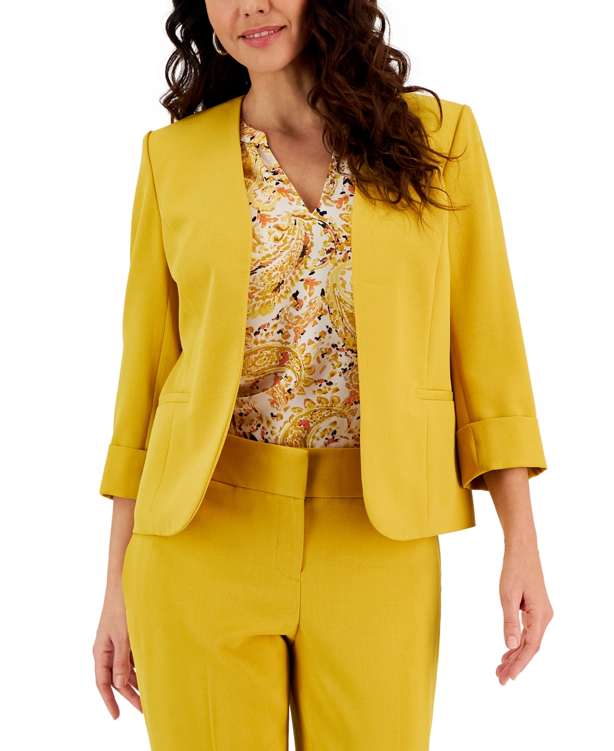Kasper Womens Stretch Crepe Open Front Roll Sleeve Jacket Flutter Sleeve Peasant Top Stretch Crepe Elastic In Butterscotch