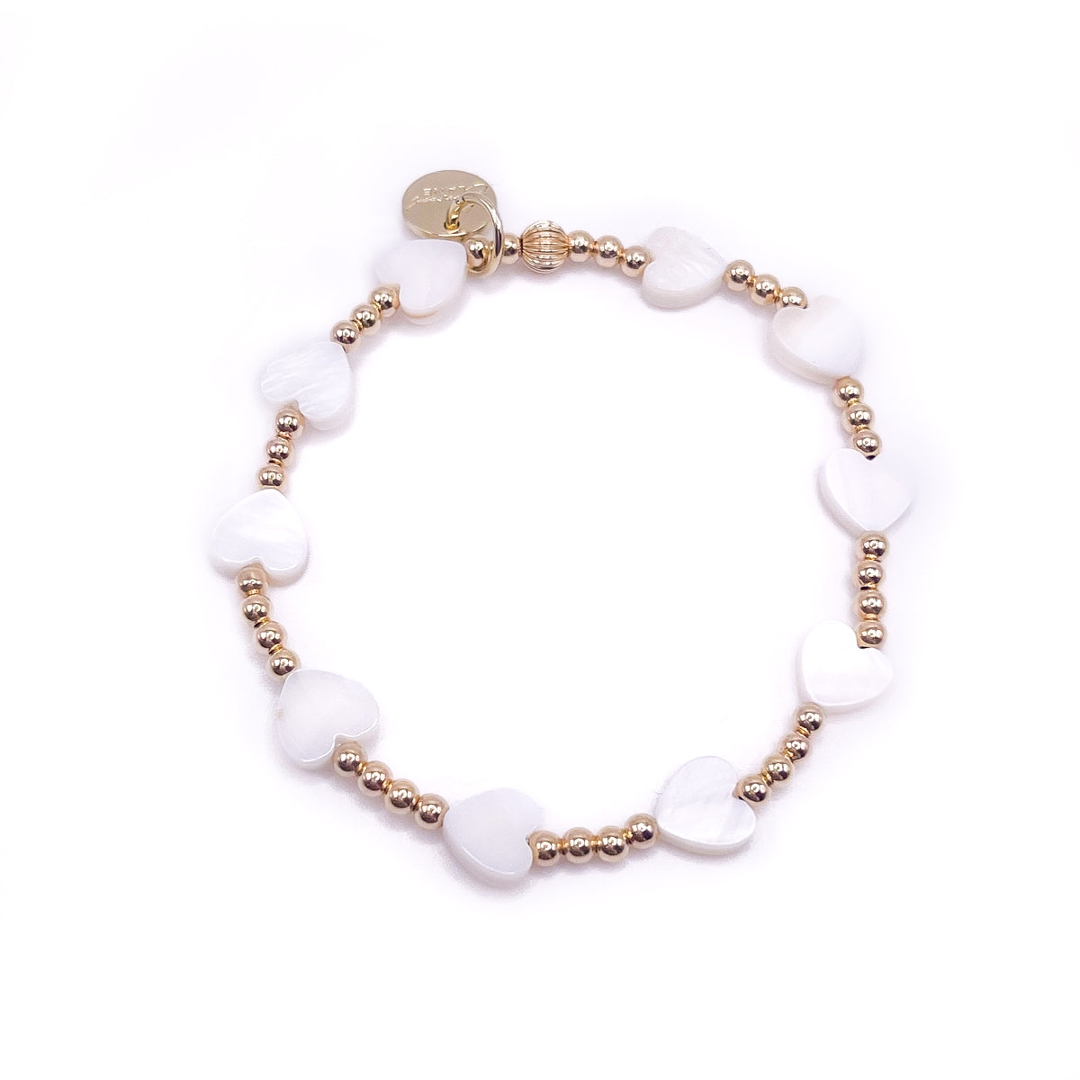 Non-Tarnishing Gold filled, 3mm Gold Ball and Mother of Pearl Heart Stretch Bracelet - Gold