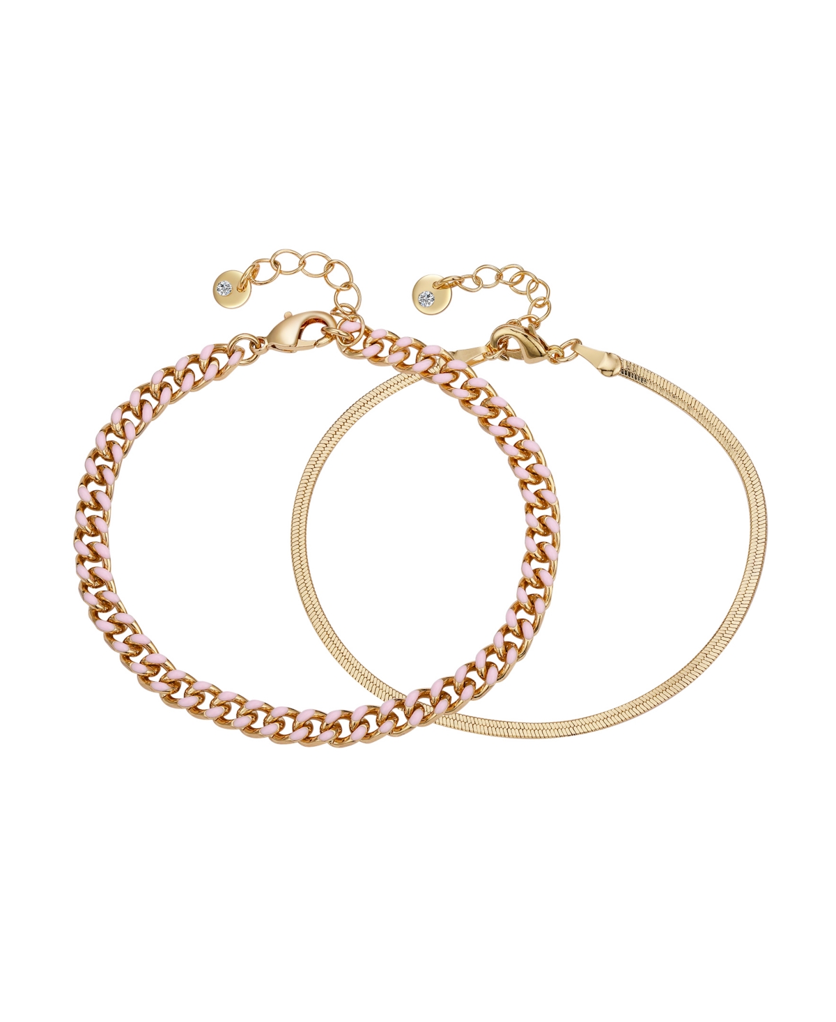 Unwritten 14k Gold Flash-plated Light Pink Enamel Curb Chain And Herringbone Chain Bracelet Set