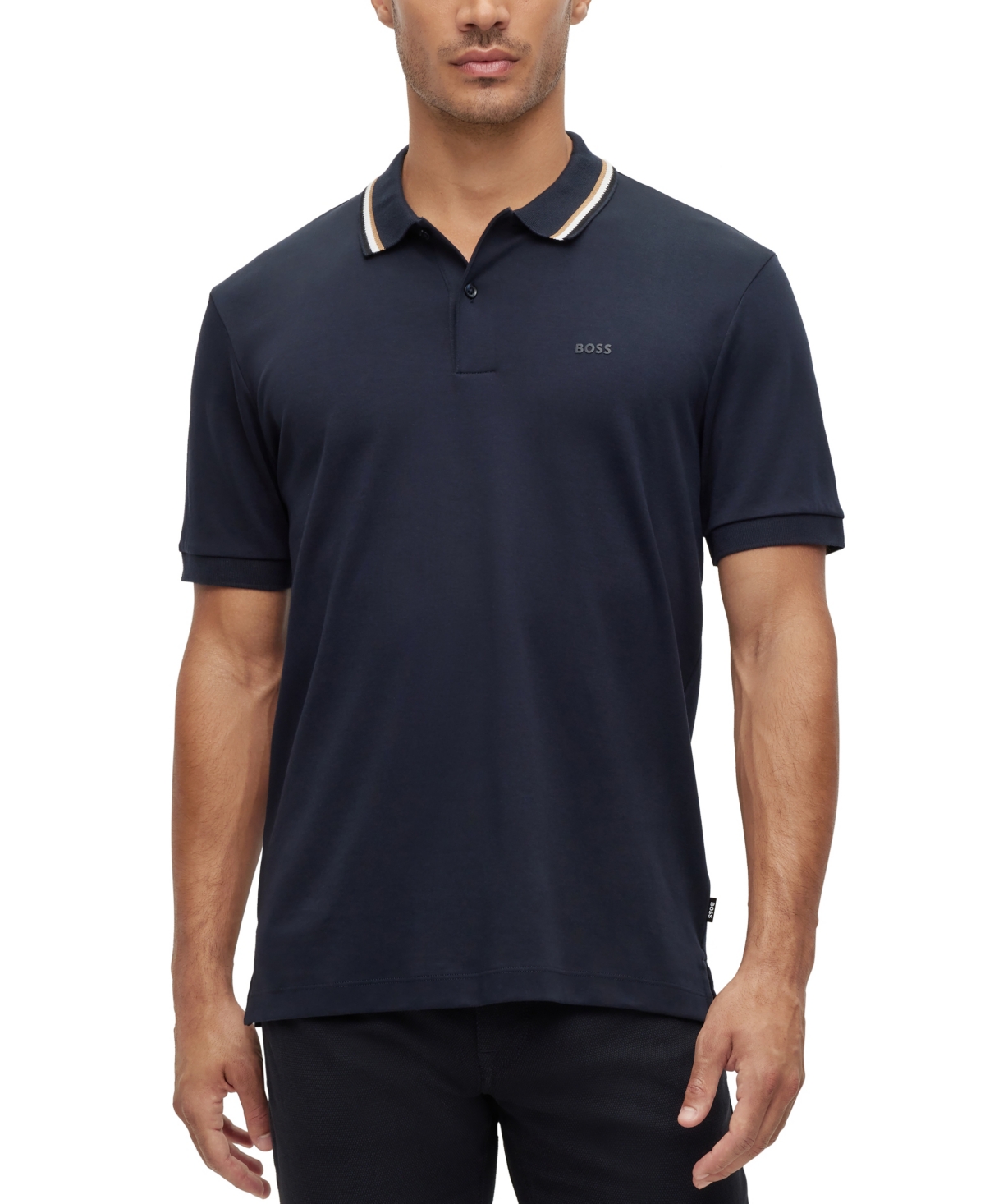 Hugo Boss Slim-fit Polo Shirt In Cotton With Striped Collar In Dark Blue