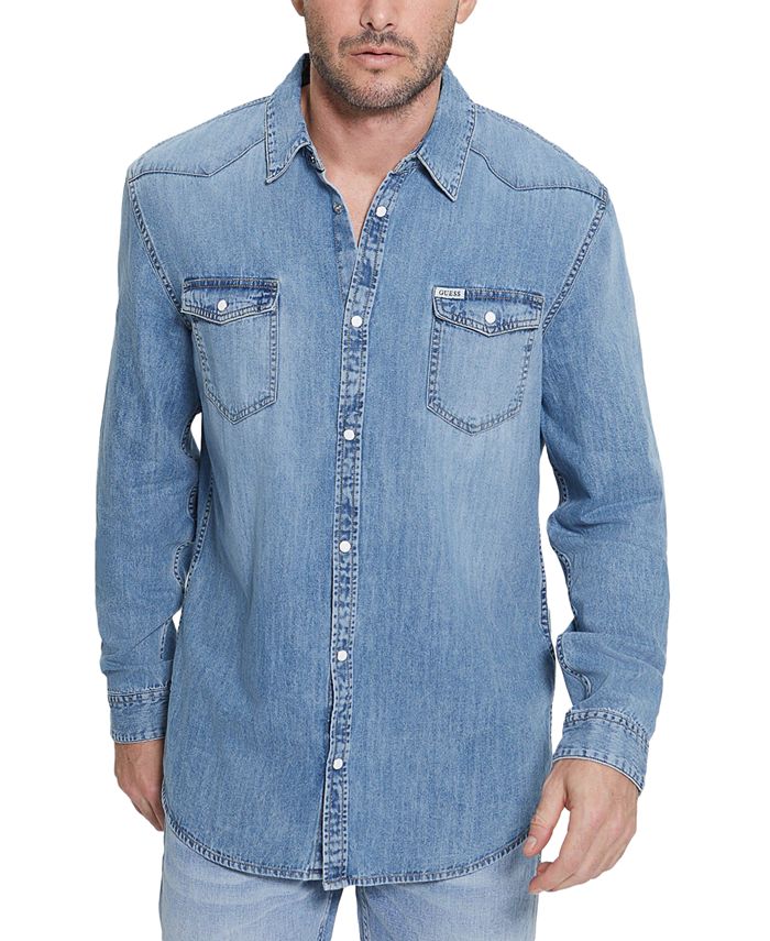 GUESS Men's Western Style Denim Snap-Front Long-Sleeve Shirt - Macy's