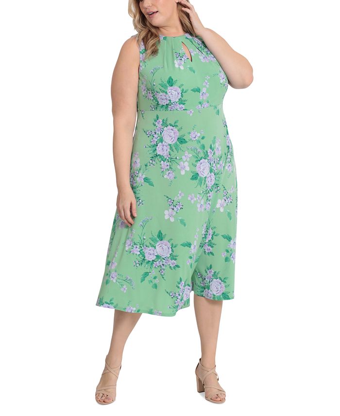 London Times Plus Size Pleated Keyhole FloralPrint Midi Dress Macy's