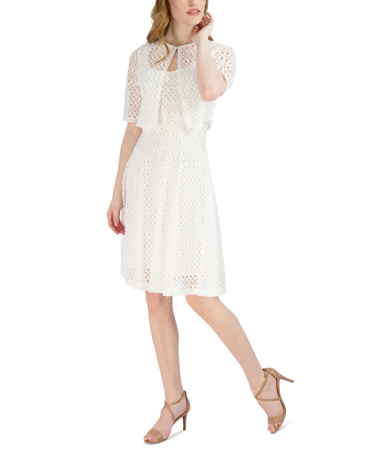 Petite Lace A-Line Dress & Removable Jacket - White
