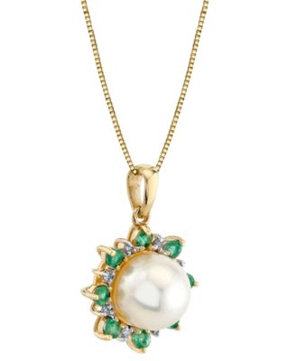 Cultured Freshwater Pearl (9mm), Emerald (1/2 ct. t.w.) & Diamond Accent 18" Pendant Necklace in 14k Gold