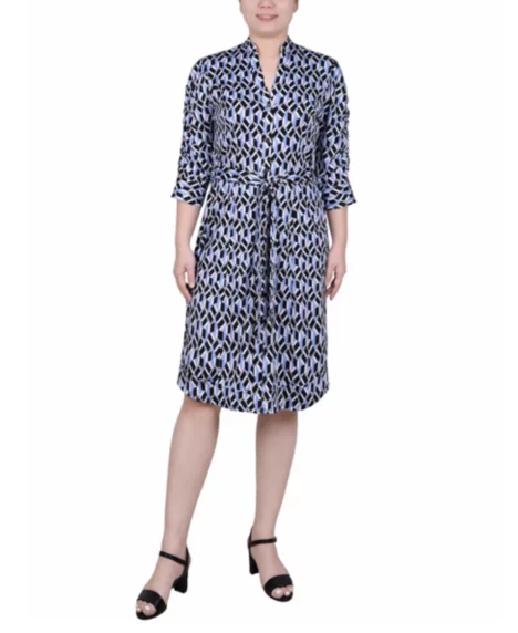 Petite Elbow Sleeve Y Neck Shirtdress - Serenity Blue Cubicrain
