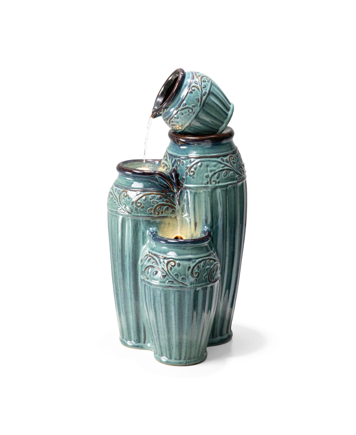 Glitzhome 27.25" H 3-tier Embossed Pattern Outdoor Ceramic Pots Fountain With Pump And Led Light In Green