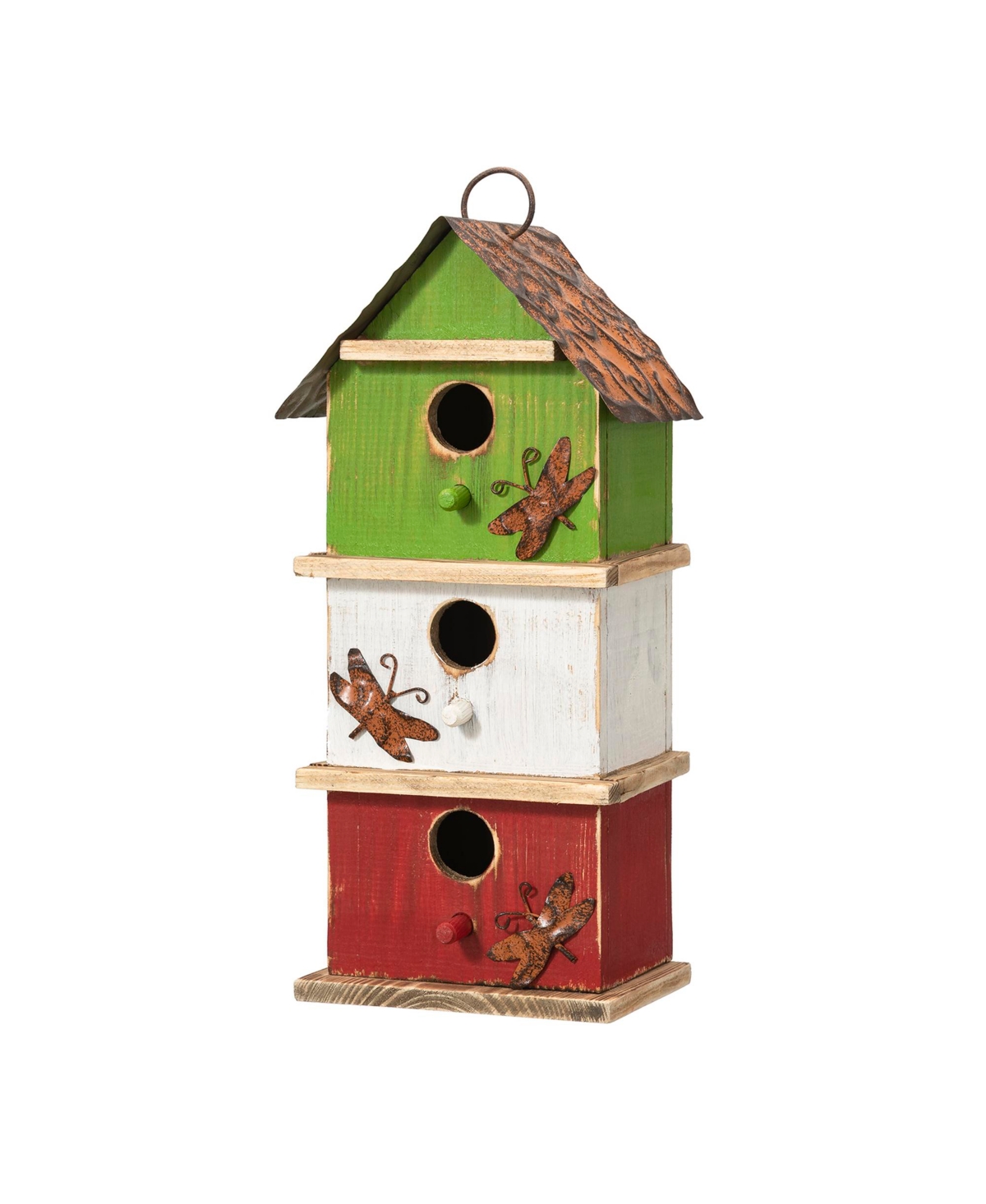 Glitzhome 13.75" H Three-tiered Distressed Solid Wood Birdhouse In Multi
