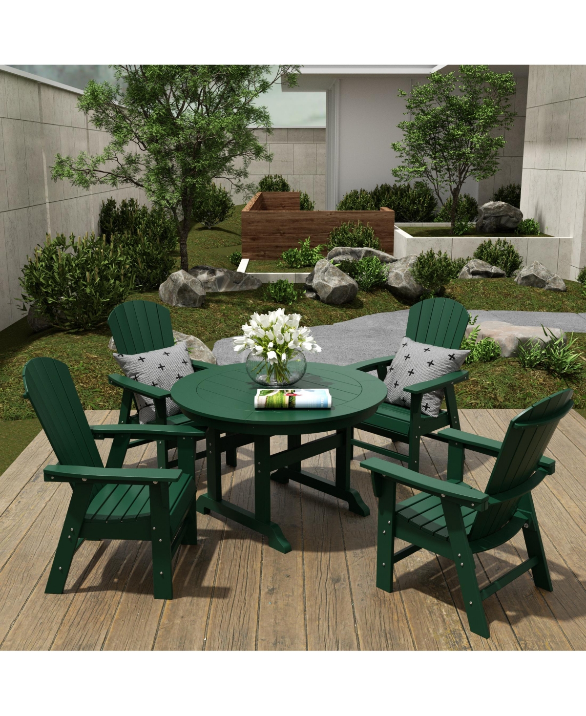 WestinTrends 5 Piece Outdoor Patio Dining Round Table and Shell Back Armchair Set