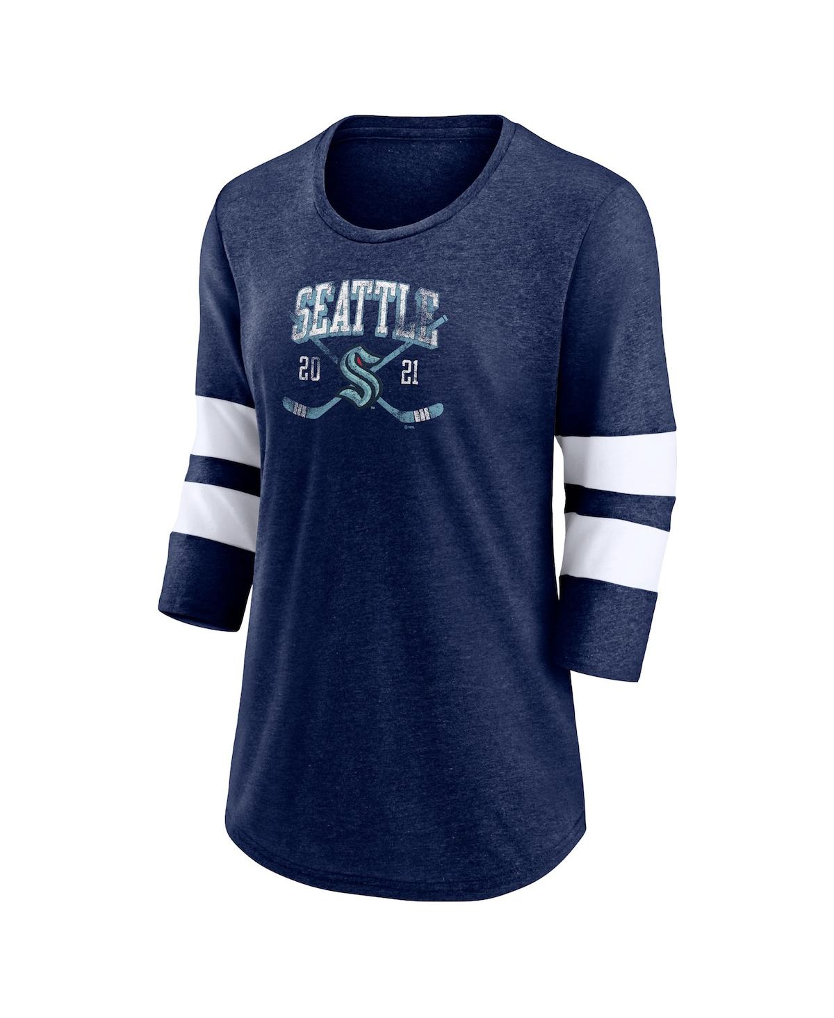 Women's FanaticsSeattle Kraken Line Shift Tri-Blend Three-Quarter Sleeve T-shirt - Heather Deep Sea Blue