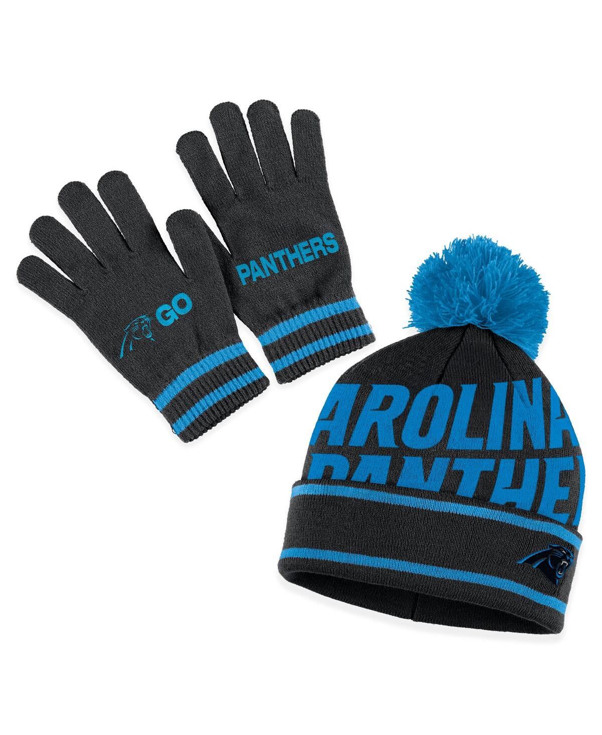 Shop Wear By Erin Andrews Women's  Black Carolina Panthers Double Jacquard Cuffed Knit Hat With Pom And Gl