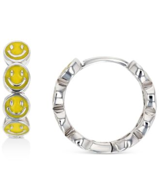 Enamel Smiley Face Hoop Earrings in Sterling Silver or 14k Gold over Sterling Silver, 1/2"