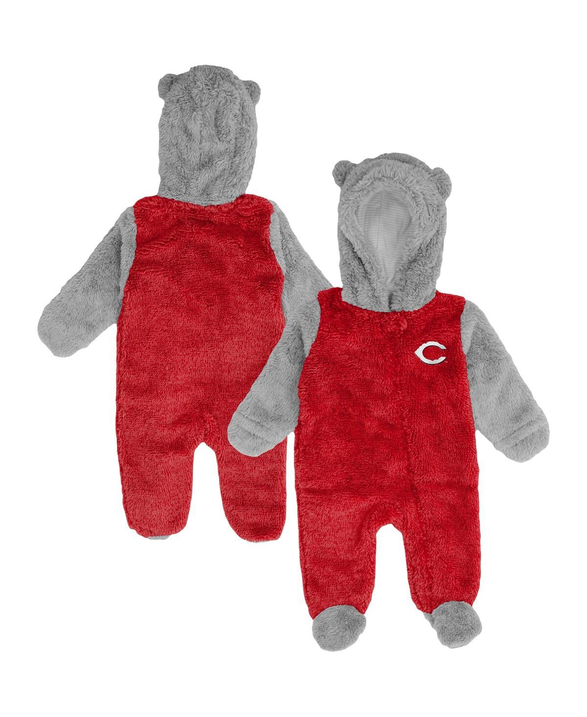 Newborn and Infant Boys and Girls Gray Cincinnati Reds Game Nap Teddy Fleece Bunting Full-Zip Sleeper - Gray